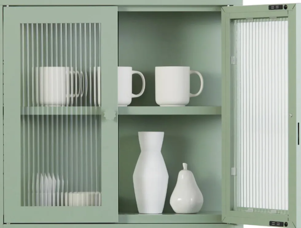 Armoire murale en acier vert sauge et verre cannelé 60x18x57cm The Kit - Mustard Made