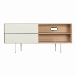 Buffet bas en chêne blanchi huilé et tiroirs en linoléum gris 45 x 150 cm Fina - Gazzda