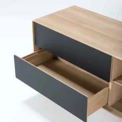 Buffet bas en chêne blanchi huilé et tiroirs en linoléum noirs 45 x 150 cm Fina - Gazzda