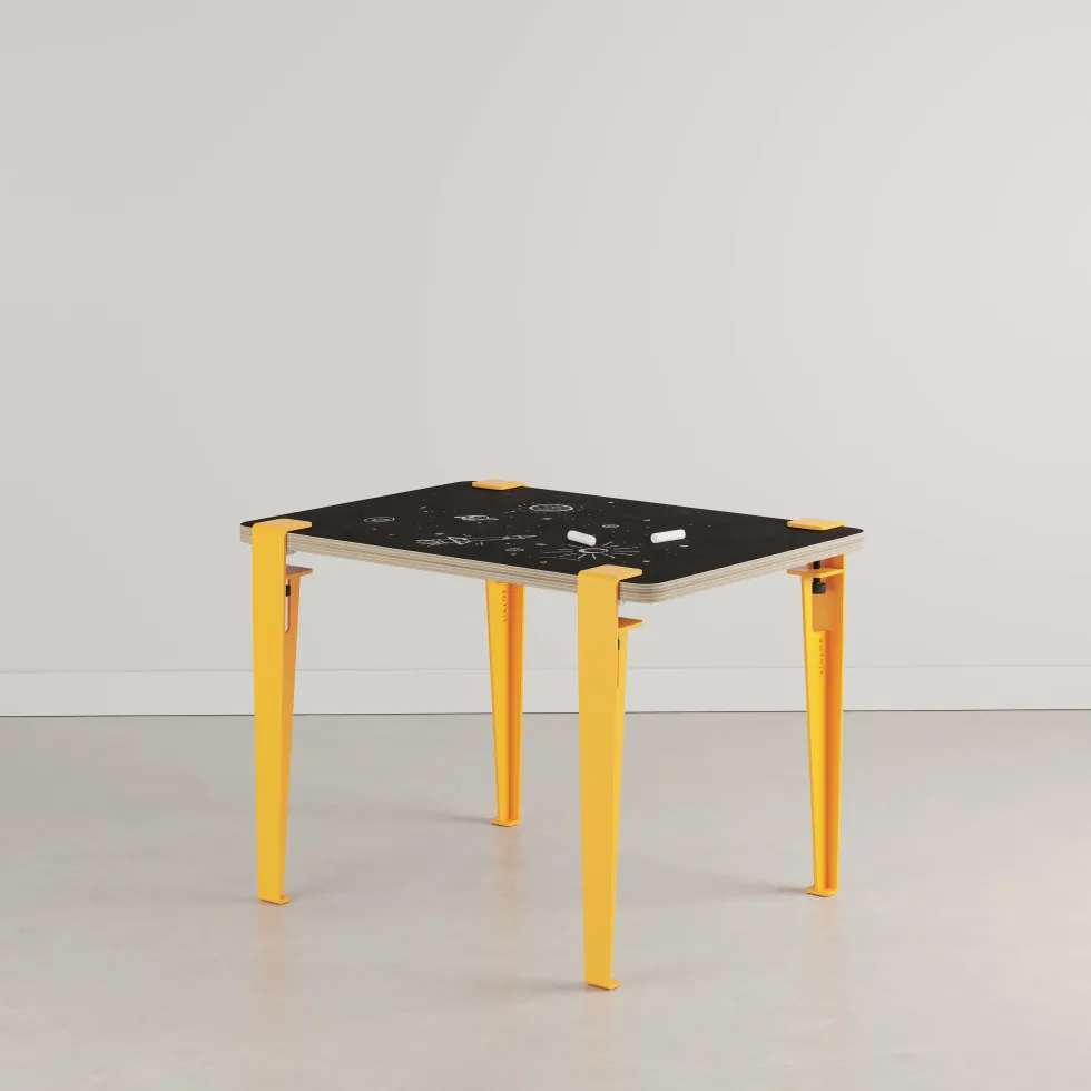 Bureau enfant blanc et jaune ardoise 70 x 50 cm Vice Versa et tabouret chêne jaune Mini Lou - Tiptoe