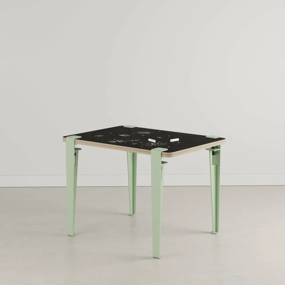 Bureau enfant blanc et verte ardoise 70 x 50 cm Vice Versa et tabouret chêne vert Mini Lou - Tiptoe