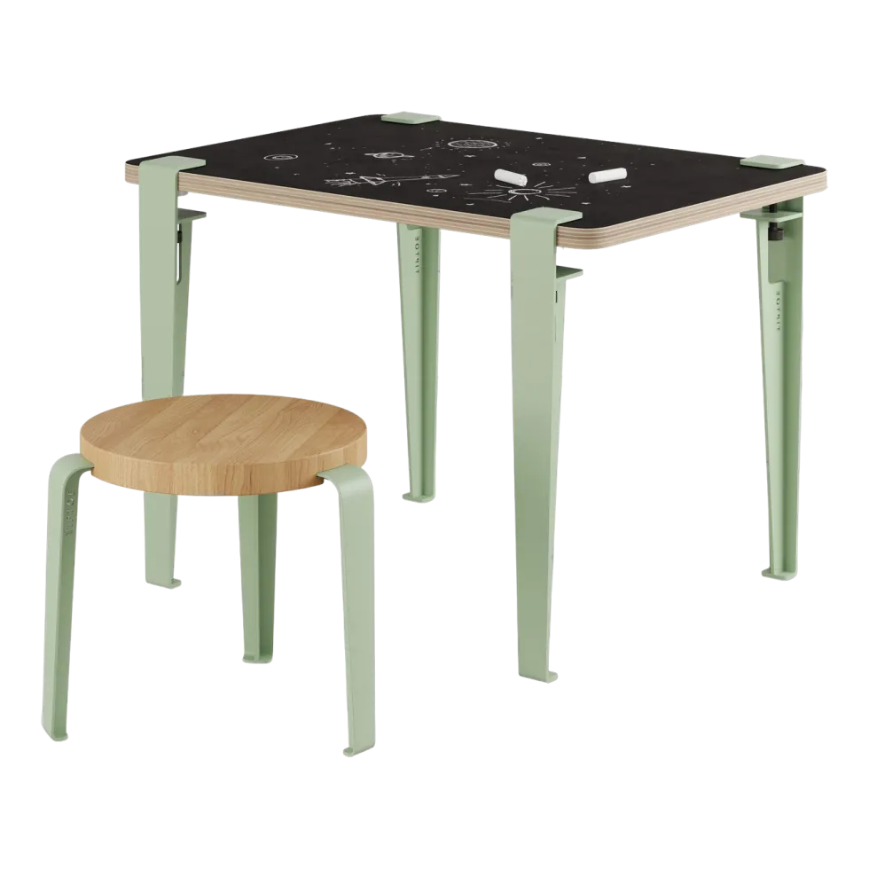 Bureau enfant blanc et verte ardoise 70 x 50 cm Vice Versa et tabouret chêne vert Mini Lou - Tiptoe