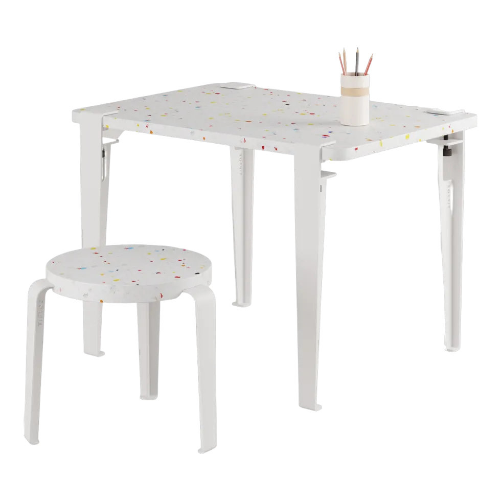Bureau enfant plastique recyclé 70 x 50 cm blanc Tutti Frutti et tabouret blanc Mini Lou - Tiptoe