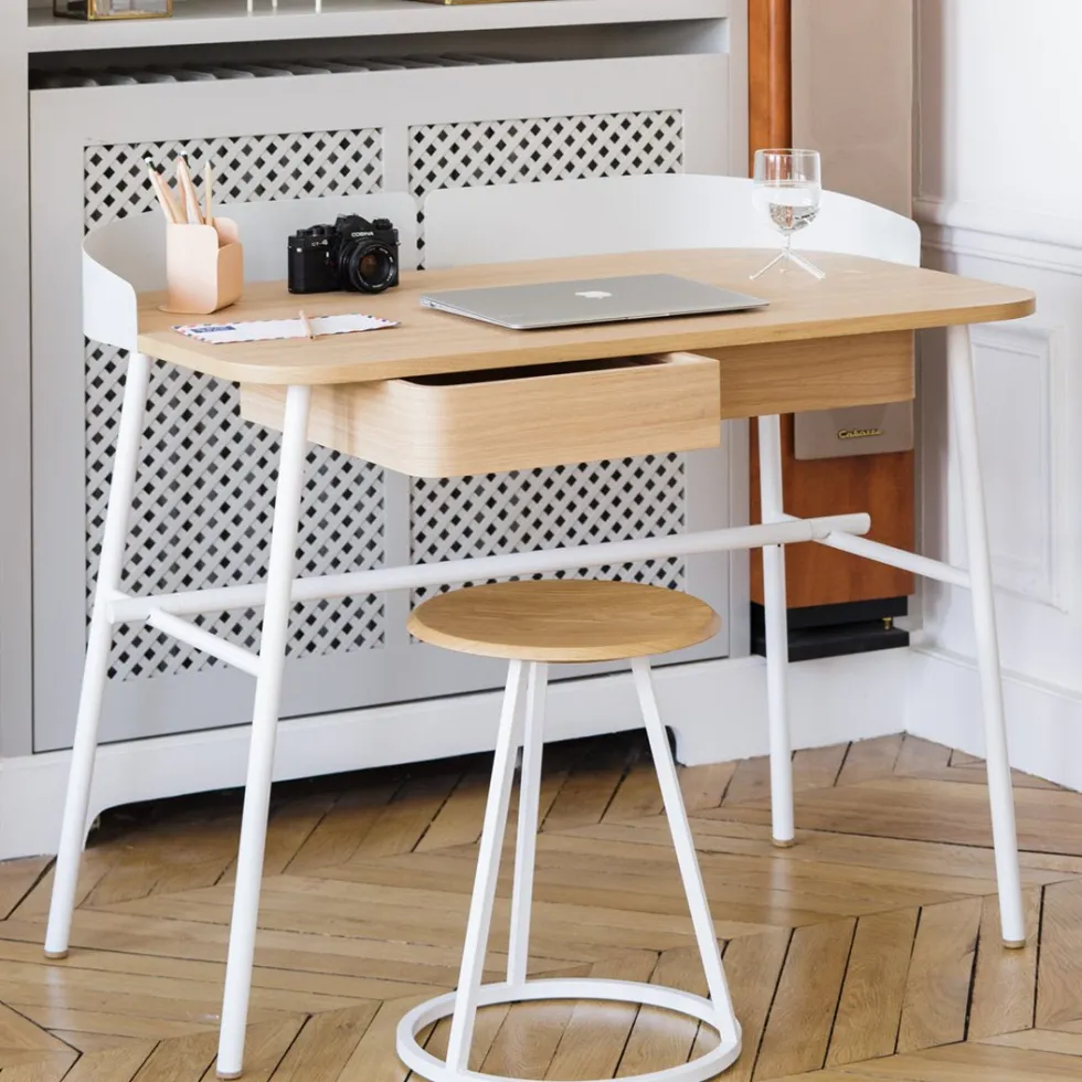 Bureau en placage chêne et métal blanc 100 x 60 x 81,5 cm Victor - Hartô