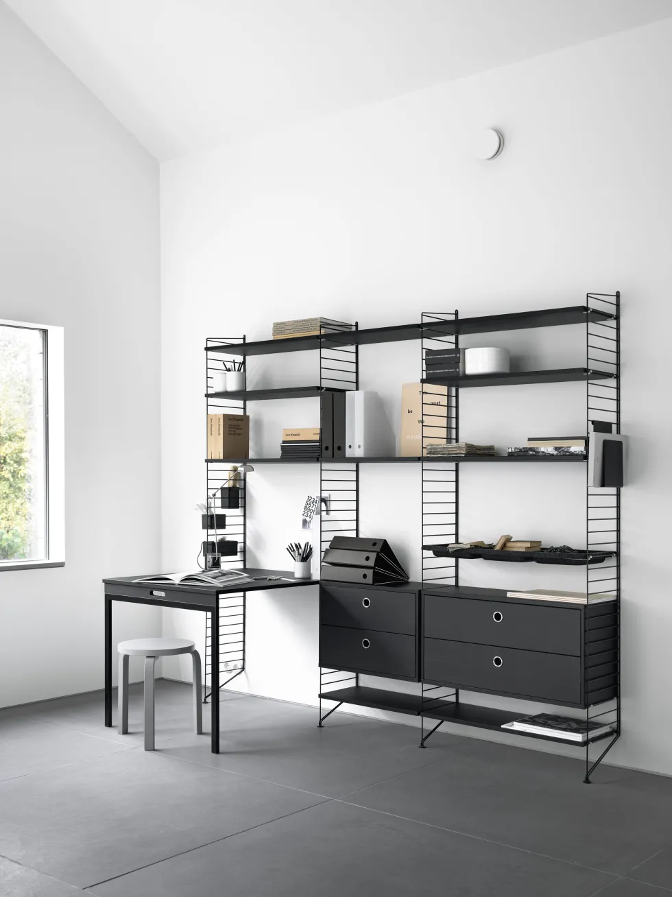 Bureau modulable chêne et acier blanc 140 x 200 x 96 cm Combinaison E - String furniture