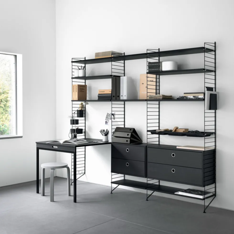 Bureau modulable chêne et acier blanc 140 x 200 x 96 cm Combinaison E - String furniture