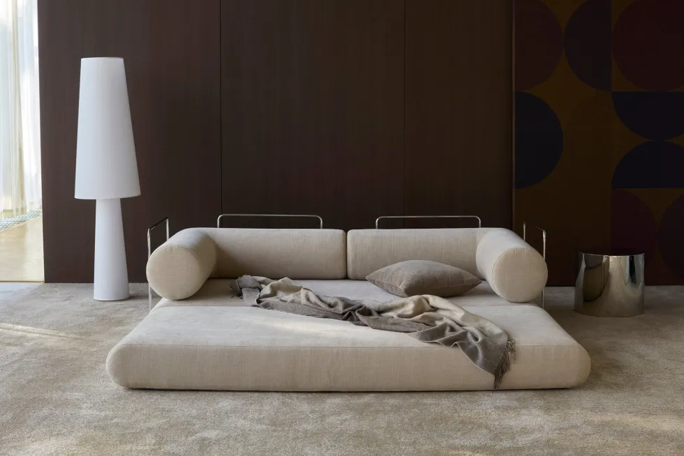 Canapé convertible avec deux coussins d'angles en polyester recyclé beige 200x90x65cm Circlus - Inovation Living