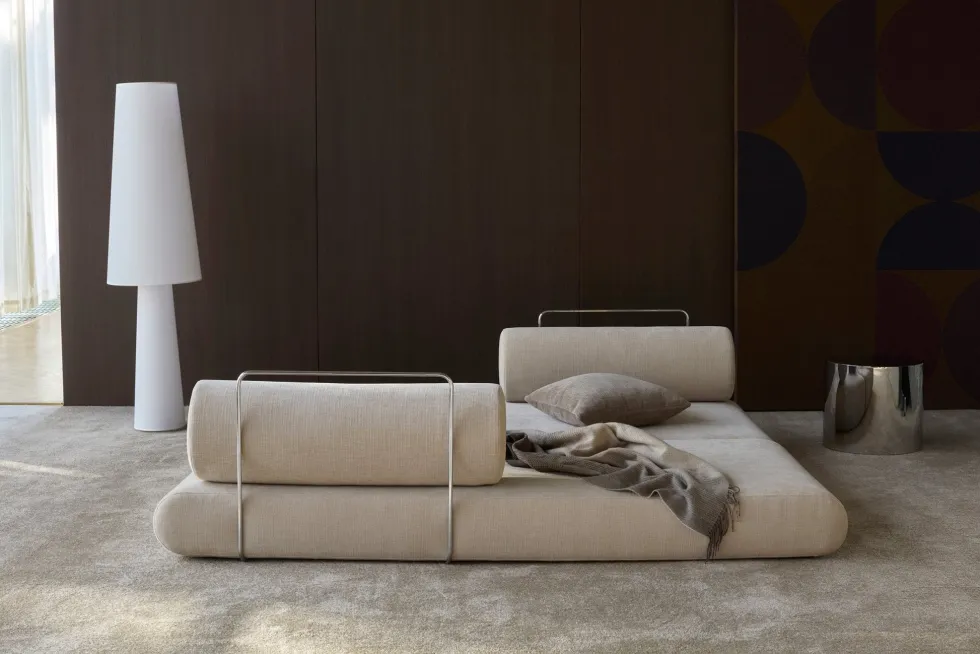 Canapé convertible avec deux coussins ronds en polyester recyclé beige 200x90x65cm Circlus - Inovation Living