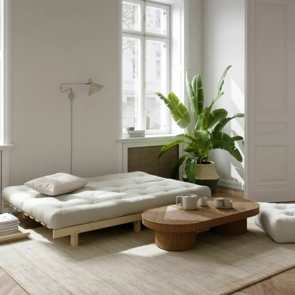 Canapé convertible en bois de pin et matelas lin 100x190cm Lean - Karup Design