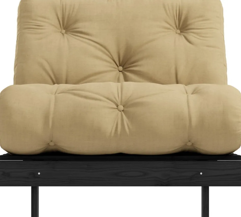 Canapé convertible en bois de pin noir laqué et matelas blé beige 90x200cm Roots 90 - Karup Design