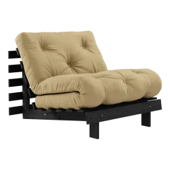 Canapé convertible en bois de pin noir laqué et matelas blé beige 90x200cm Roots 90 - Karup Design