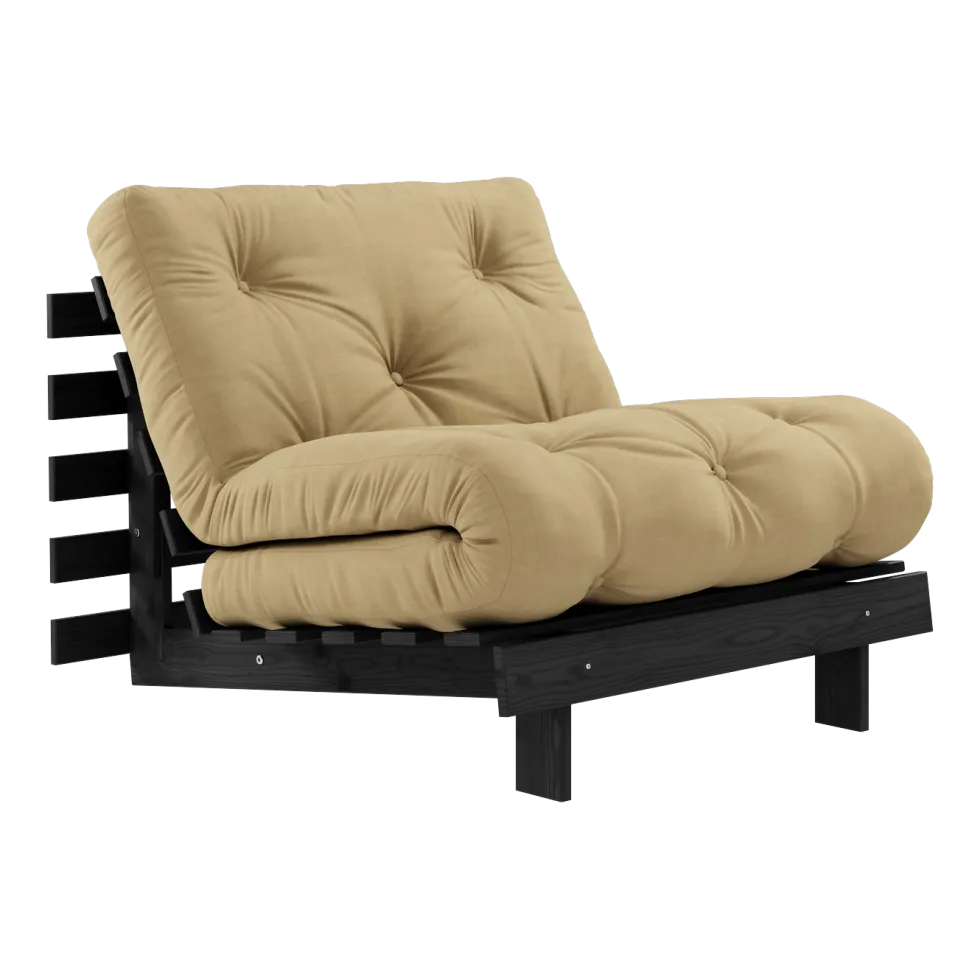 Canapé convertible en bois de pin noir laqué et matelas blé beige 90x200cm Roots 90 - Karup Design
