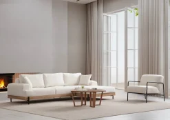 Canapé d'angle droit en tissu blanc et bois 280x98x78cm Eti - Home Design
