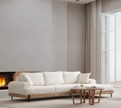 Canapé d'angle droit en tissu blanc et bois 280x98x78cm Eti - Home Design