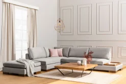 Canapé d'angle gauche en tissu gris avec pouf 193x313x97cm Tulip corner - Home Design