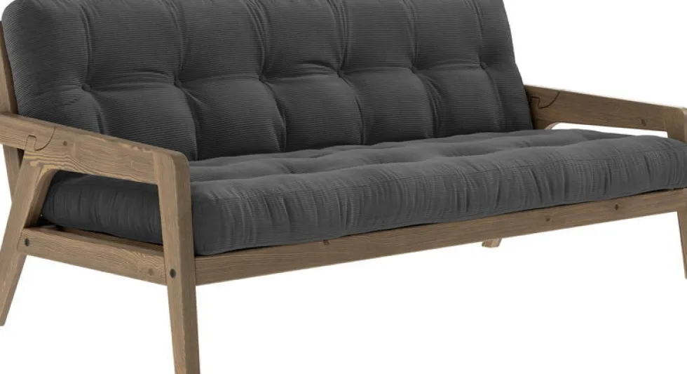 Canapé-lit en bois de pin laqué marron foncé et velours noir charbon 204 x 130 cm Grab - Karup Design