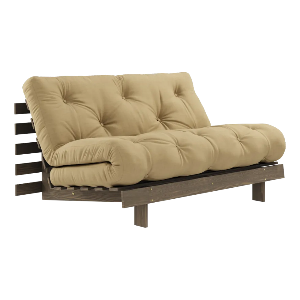 Canapé-lit en pin carob brown et tissu beige blé 140 x 200 cm Roots - Karup Design