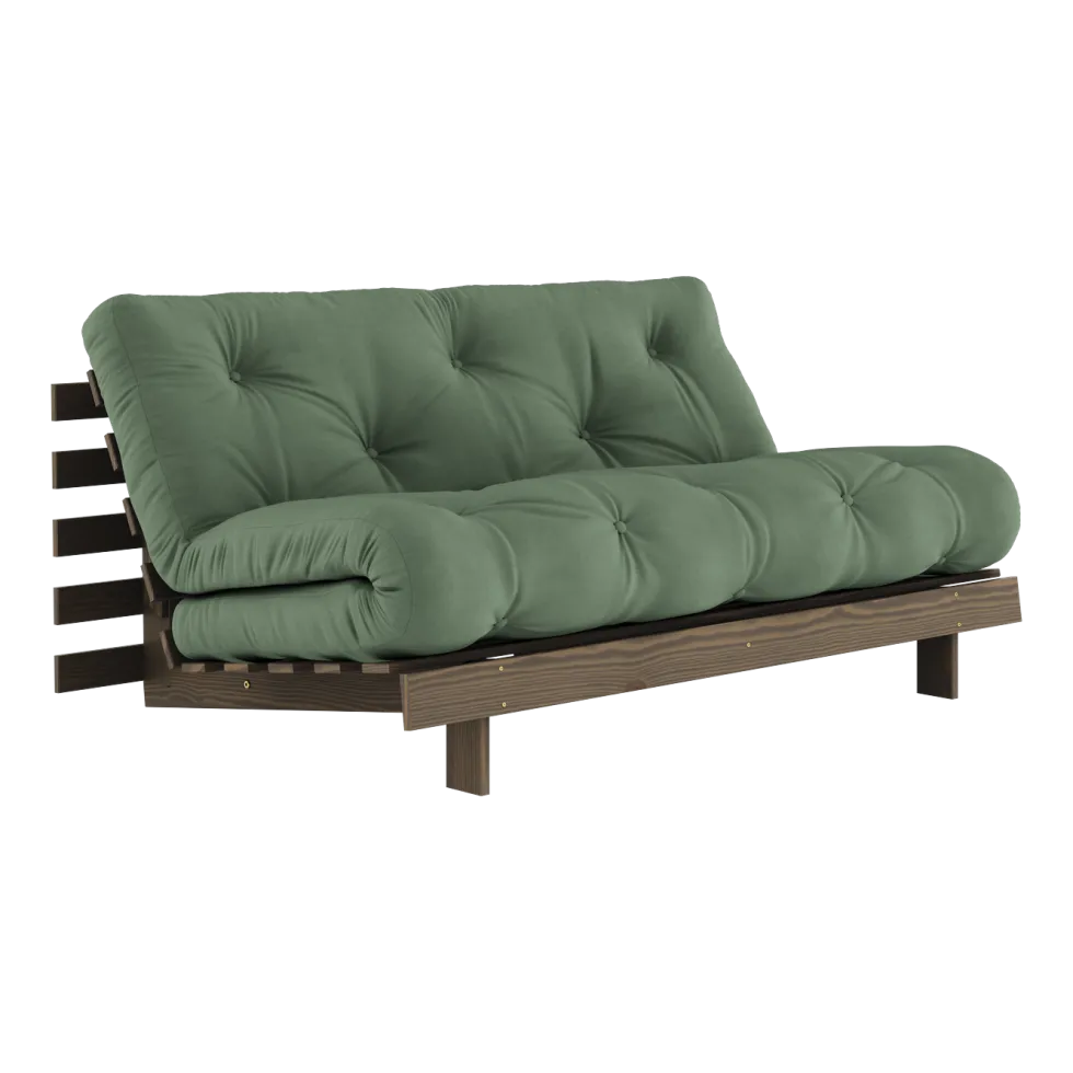 Canapé-lit en pin carob brown et tissu vert olive 160 x 200 cm Roots - Karup Design