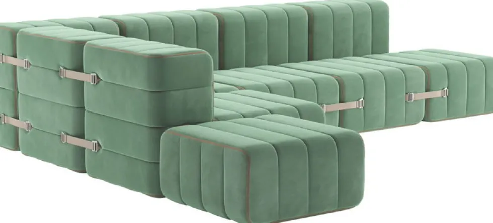 Canapé modulable d'angle en tissu bacelona vert clair 306x238x68cm Curt - Ambivalenz