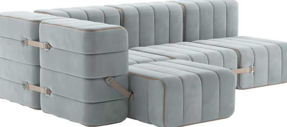 Canapé modulable d'angle en velours barcelone bleu clair 238x170x68cm Curt - Ambivalenz