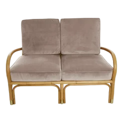 Canapé 2 places en rotin coussins velours beige rosé Riviera - KOK