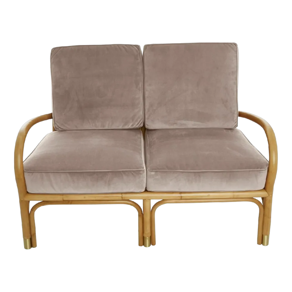 Canapé 2 places en rotin coussins velours beige rosé Riviera - KOK