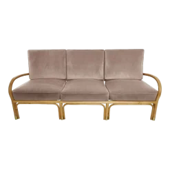 Canapé 3 places en rotin coussins velours beige rosé Riviera - KOK