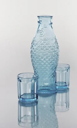 Carafe et 2 verres en verre transparent bleu Fish&fish - Serax