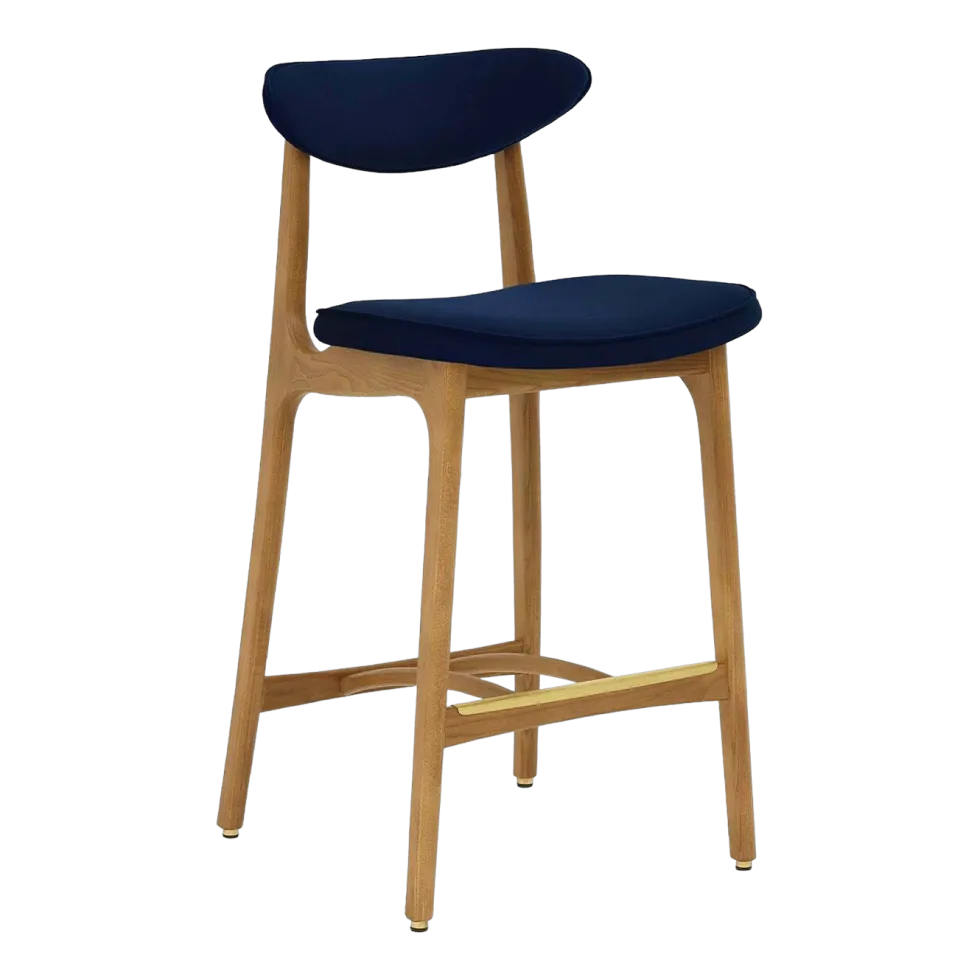 Chaise de bar en velours indigo et frêne naturel 100cm Série 200-190 - 366 Concept