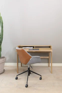 Chaise de bureau à roulettes en polyester gris et cuir marron 79cm Doulton - Zuiver