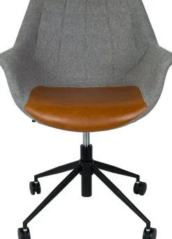 Chaise de bureau à roulettes en polyester gris et cuir marron 79cm Doulton - Zuiver
