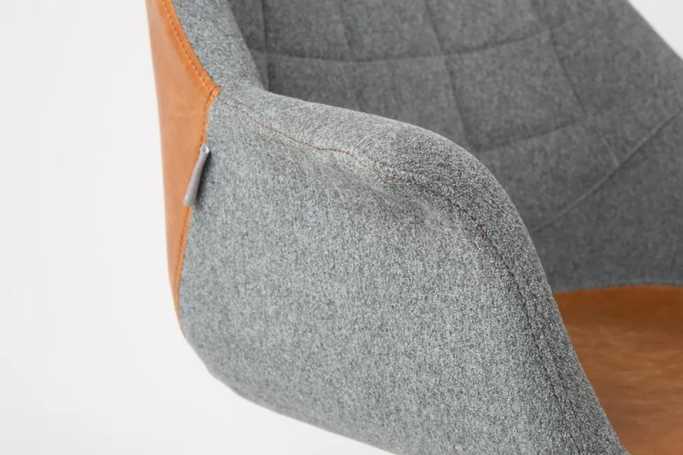 Chaise de bureau à roulettes en polyester gris et cuir marron 79cm Doulton - Zuiver