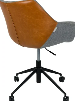Chaise de bureau à roulettes en polyester gris et cuir marron 79cm Doulton - Zuiver