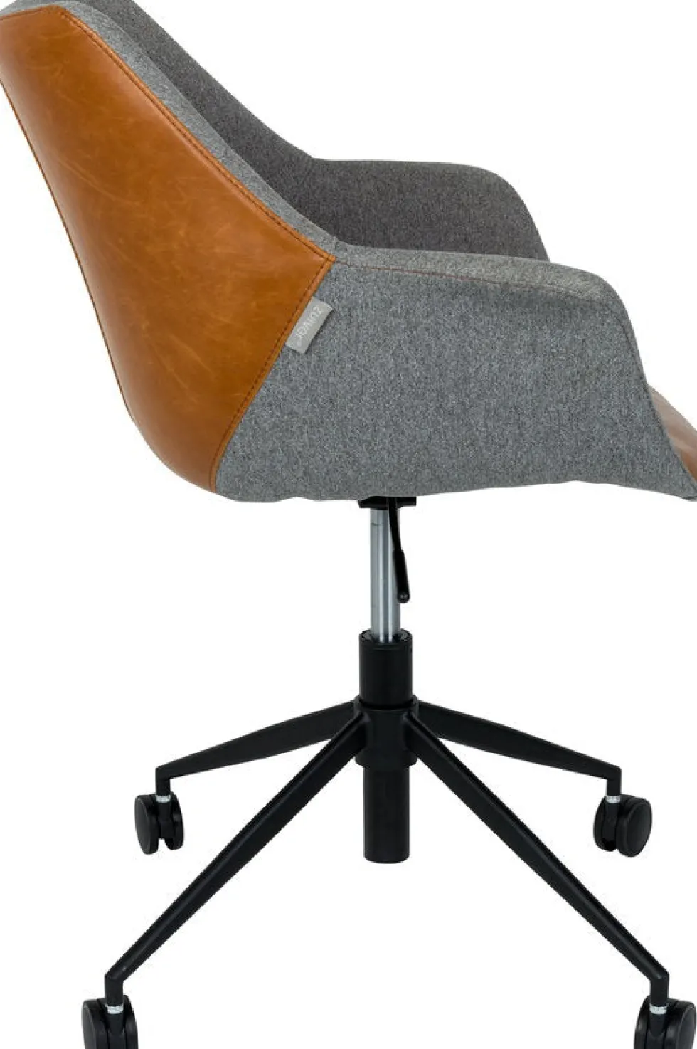 Chaise de bureau à roulettes en polyester gris et cuir marron 79cm Doulton - Zuiver