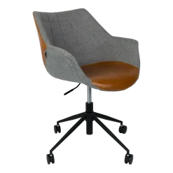 Chaise de bureau à roulettes en polyester gris et cuir marron 79cm Doulton - Zuiver