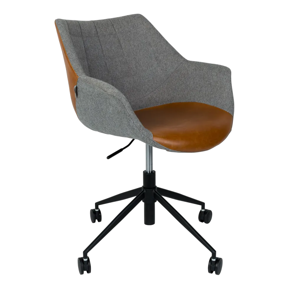 Chaise de bureau à roulettes en polyester gris et cuir marron 79cm Doulton - Zuiver