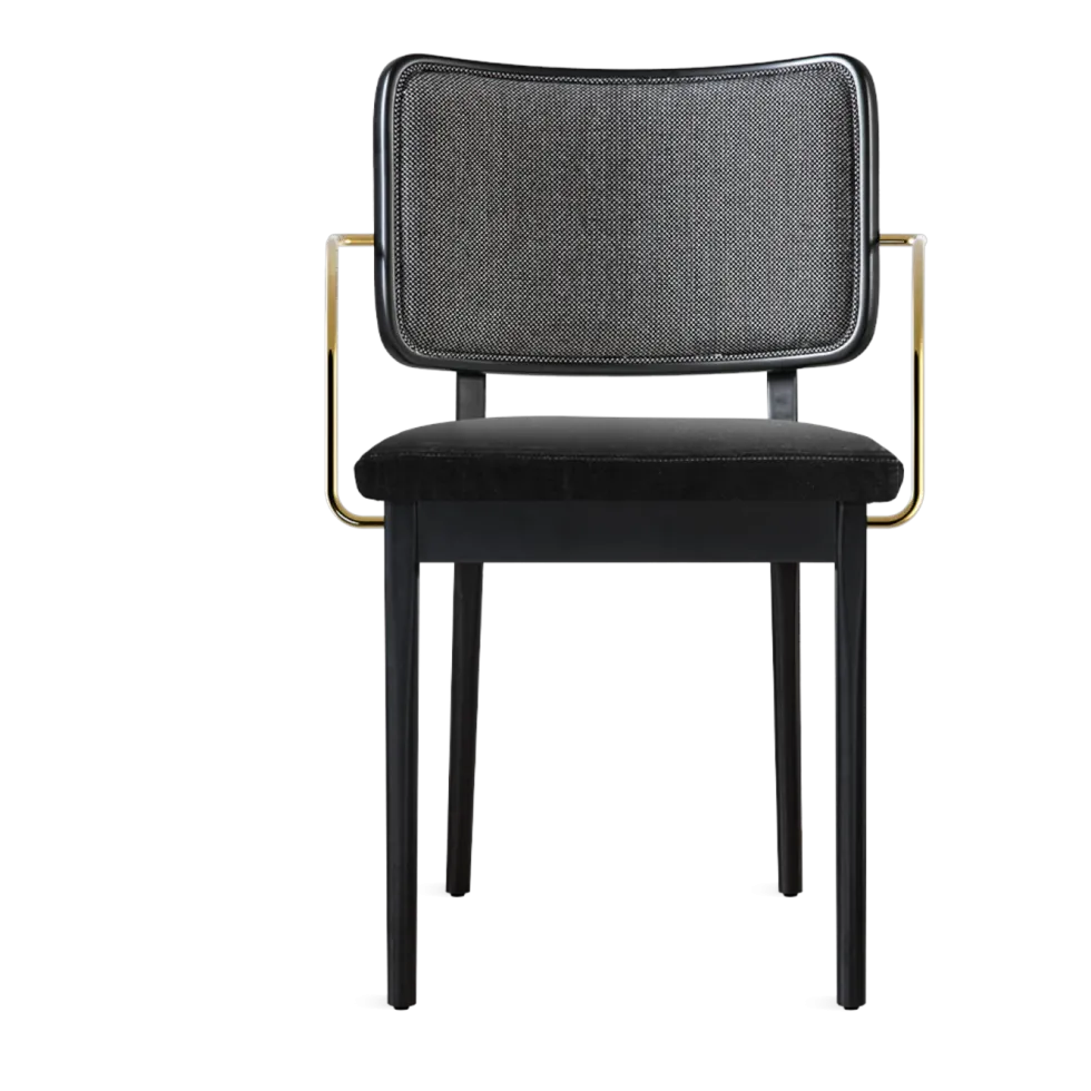 Chaise en chêne noir avec accoudoirs en tissu caviar et velours gris chic Tapissier - RED Edition