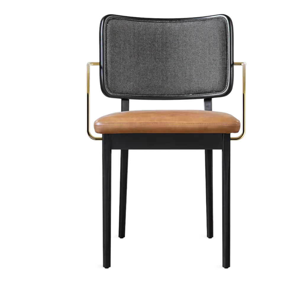 Chaise en chêne teinté noir avec accoudoirs tissu caviar et cuir tabac Tapissier - RED Edition