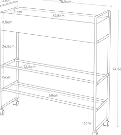 Chariot de rangement avec panier en acier noir 74,5x22x74,5cm - Yamazaki