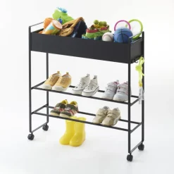 Chariot de rangement avec panier en acier noir 74,5x22x74,5cm - Yamazaki