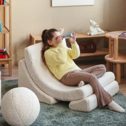 Fauteuil arrondit en sherpa bouclé blanc 80x65x55 Moon chair - Wigiwama