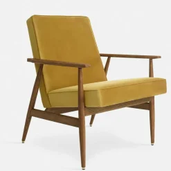 Fauteuil avec accoudoirs en velours brillant moutarde et frêne foncé 70 x 62 cm Fox - 366 Concept