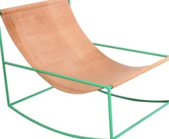 Fauteuil à bascule en métal vert et cuir 81x60x65cm- valerie_objects