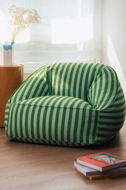 Fauteuil pouf en coton à rayures vert et bleu 105 x 105 x 60 cm Ziggy - Nobodinoz
