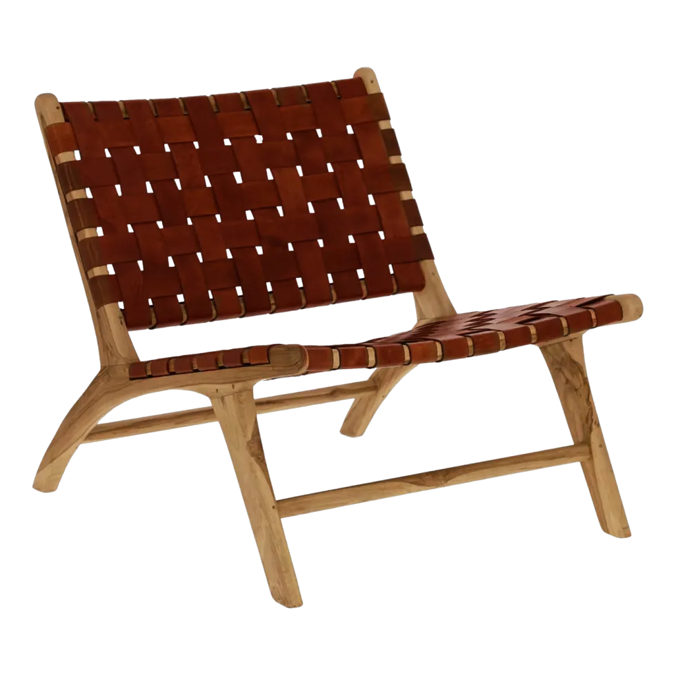Fauteuil relax en cuir de buffle cognac et bois d'acacia 65 x 76 x 70 cm Aosta - Pomax