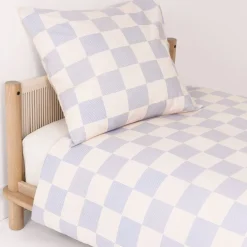 Housse de couette lit individuel en popeline de coton bio à carreaux bleu 150 x 200 cm Sheldon - Nobodinoz