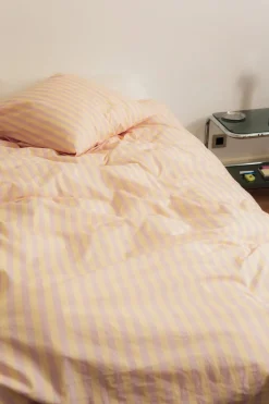 Housse de couette lit individuel en popeline de coton bio à rayures jaune et rose 150 x 200 cm Sheldon - Nobodinoz