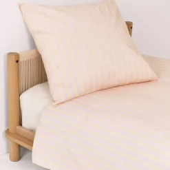 Housse de couette lit individuel en popeline de coton bio à rayures jaune et rose 150 x 200 cm Sheldon - Nobodinoz