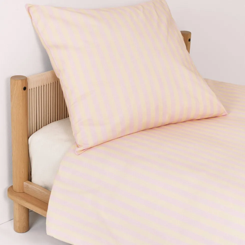Housse de couette lit individuel en popeline de coton bio à rayures jaune et rose 150 x 200 cm Sheldon - Nobodinoz