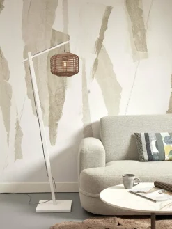 Lampadaire en bambou blanc avec abat-jour en bois naturel 150x25 cm Tanami - Good & Mojo